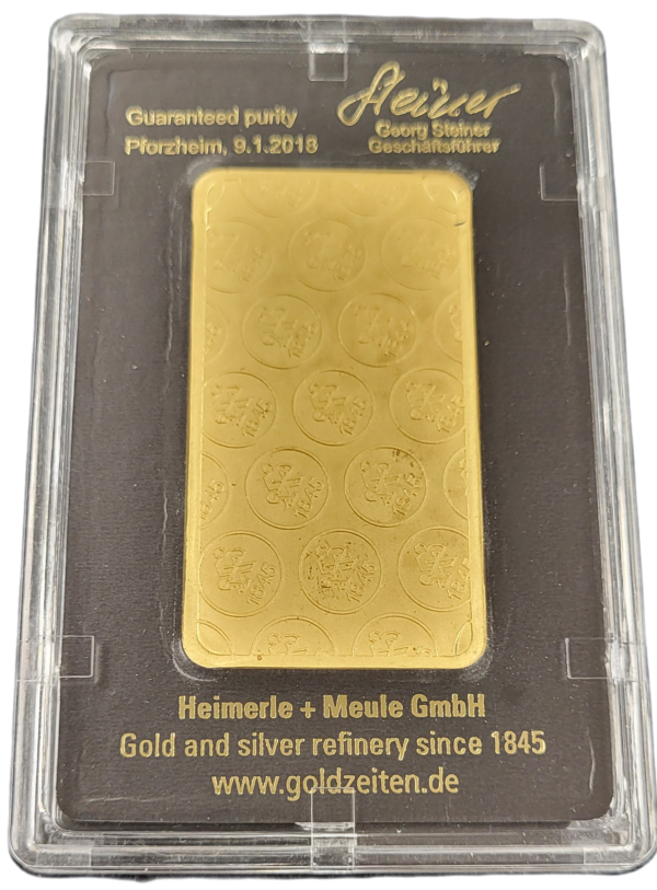 100 gram goudbaar Heimerle Meule met certificaat back