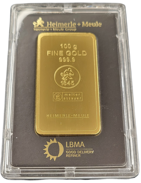 100 gram goudbaar Heimerle Meule met certificaat front