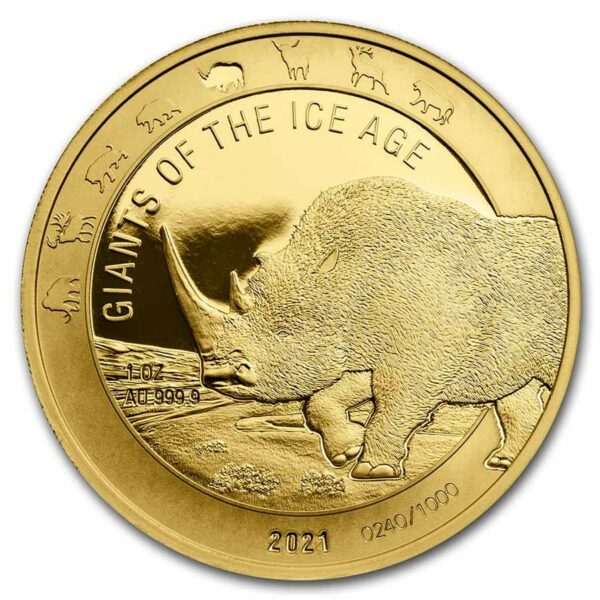 Gouden Ghana Giants of the Ice Age 1 oz 2021 Woolly Rhino (1.000 oplage)