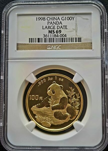 Gouden China Panda 1 oz 1998 Large Date NGC MS69