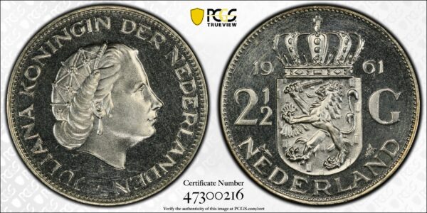 Zilveren 2.5 gulden 1961 Proof Pr64CAM PCGS variant zonder lijnen