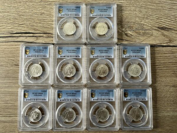 serie guldens zilver 1954-1967 PCGS Juliana compleet