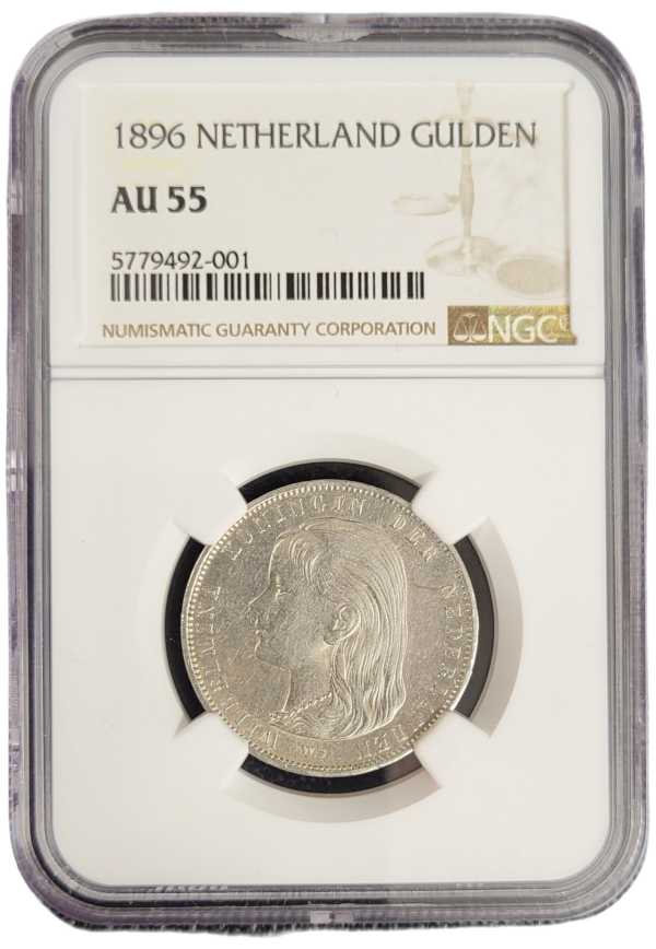 Koningin Wilhelmina 1 gulden 1896 AU55 NGC front