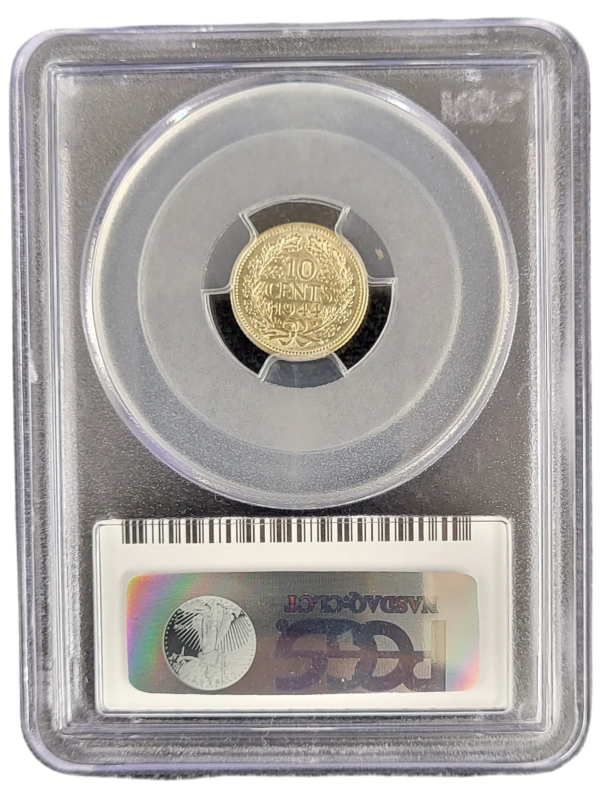 Koningin Wilhelmina 10 cent 1944 S over P AU58 PCGS back