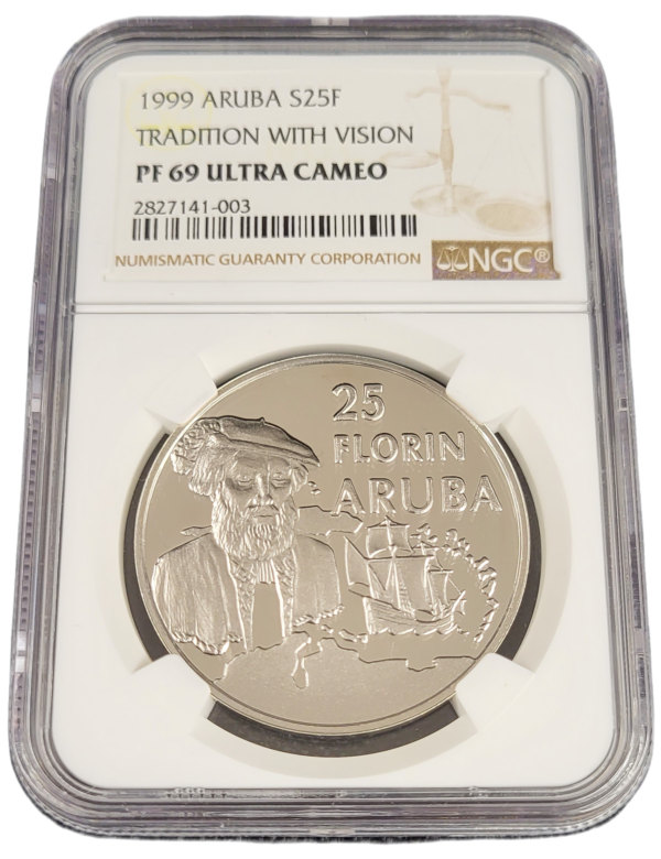 Aruba 25 florin 1999 Vespucci Tradition with Vision NGC PF69 UCAM front