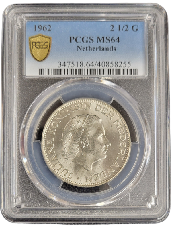 Koningin Juliana zilveren 2 1.2 gulden 1962 MS64 PCGS front