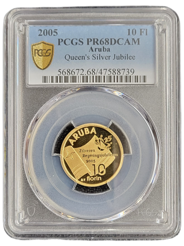 Aruba gouden 10 florin 2005 zilveren regeringsjubileum PR68 DCAM PCGS front