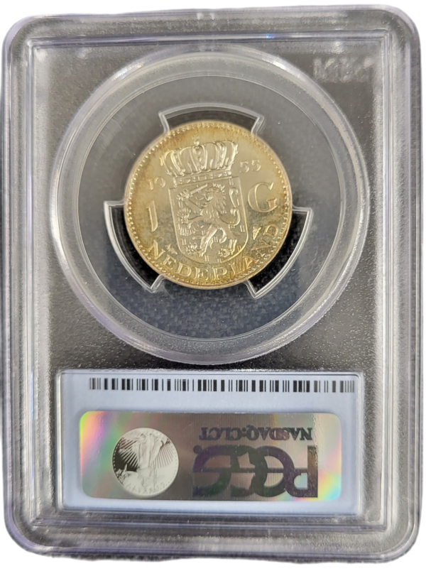 Koningin Juliana zilveren 1 gulden 1955 MS66 PCGS back