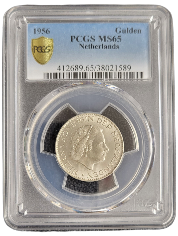 Koningin Juliana zilveren 1 gulden 1956 MS65 PCGS front