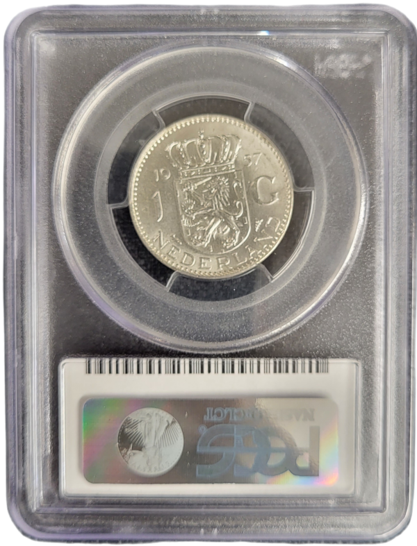 Koningin Juliana zilveren 1 gulden 1957 MS64 PCGS back