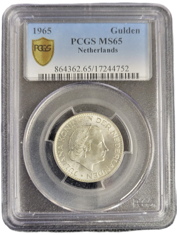 Koningin Juliana zilveren 1 gulden 1965 MS65 PCGS 052 front