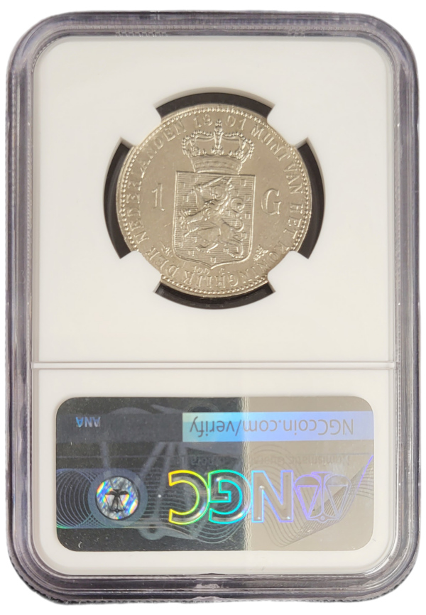 Koningin Wilhelmina 1 gulden 1901 AU58 NGC back