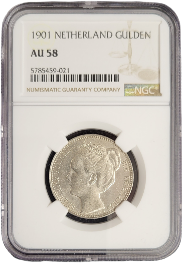 Koningin Wilhelmina 1 gulden 1901 AU58 NGC front