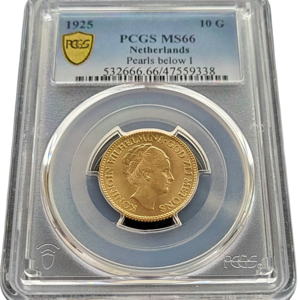 Gouden Wilhelmina 10 gulden 1925 MS66 Pearl below