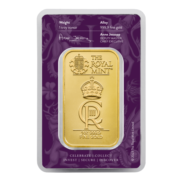 mbbg1z the royal celebration bar 2023 1oz gold bar obverse blister pack 1500x1500 ea404be