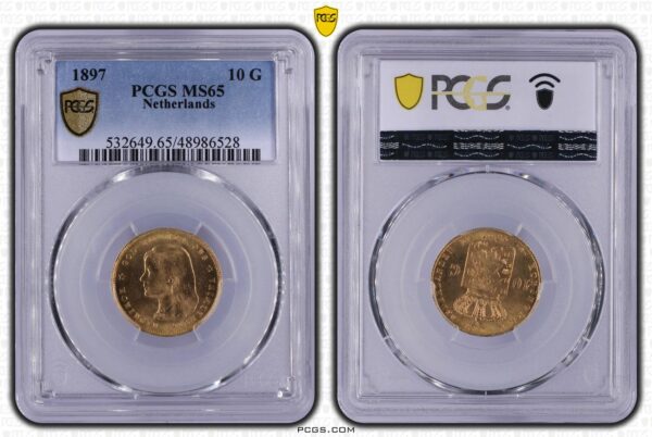 10 gulden 1897 MS65 vaste parels PCGS