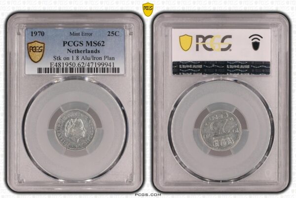 25 cent 1970 op aluminium muntplaatje ms62 pcgs