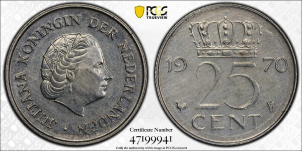 25 cent 1970 op aluminium muntplaatje ms62 pcgs