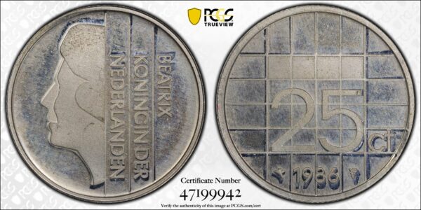 25 cent 1986 op aluminium muntplaatje ms64 pcgs