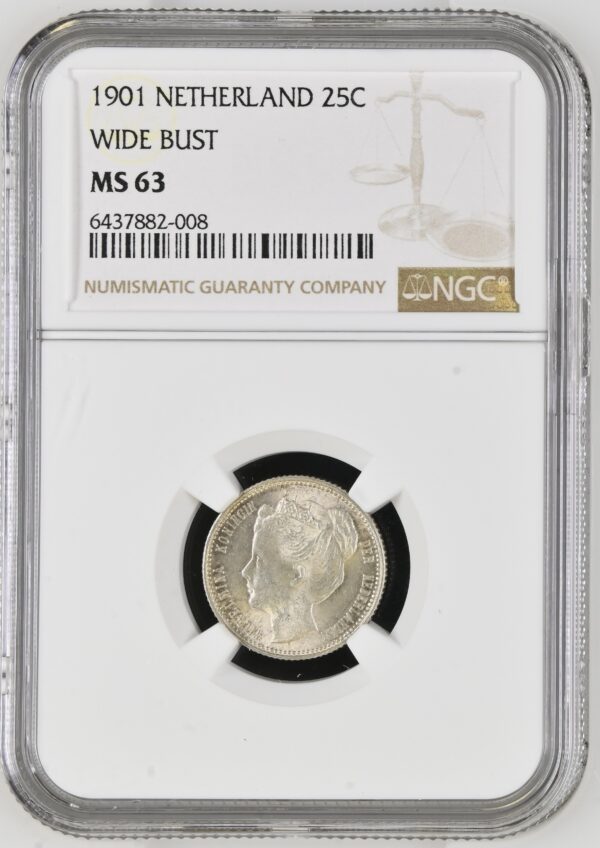 25 cent 1901 Brede hals MS63 NGC