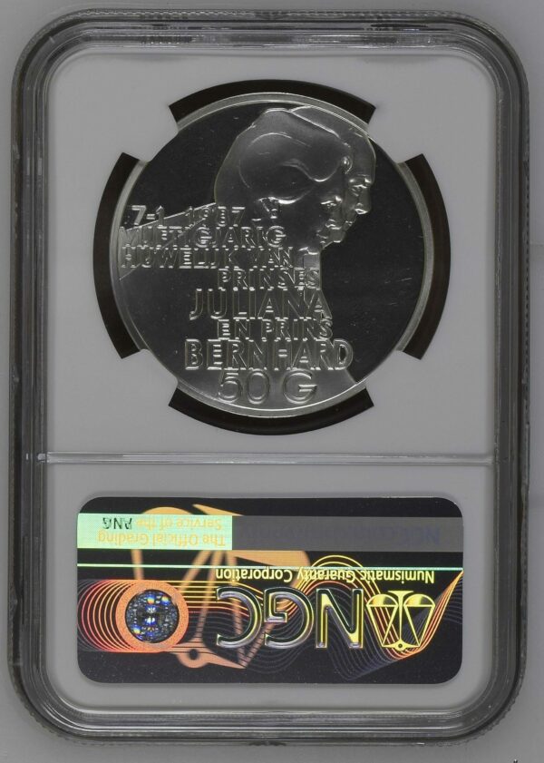 50 gulden 1987 Proefslag 50 jarig huwelijk Juliana en Bernard PF68 UCAM NGC zilver