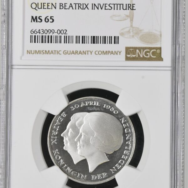 zilveren Rijksdaalder of 2 1/2 gulden 1980 Inhuldiging NGC MS65 Proof Dubbele Kop Rijksdaalder