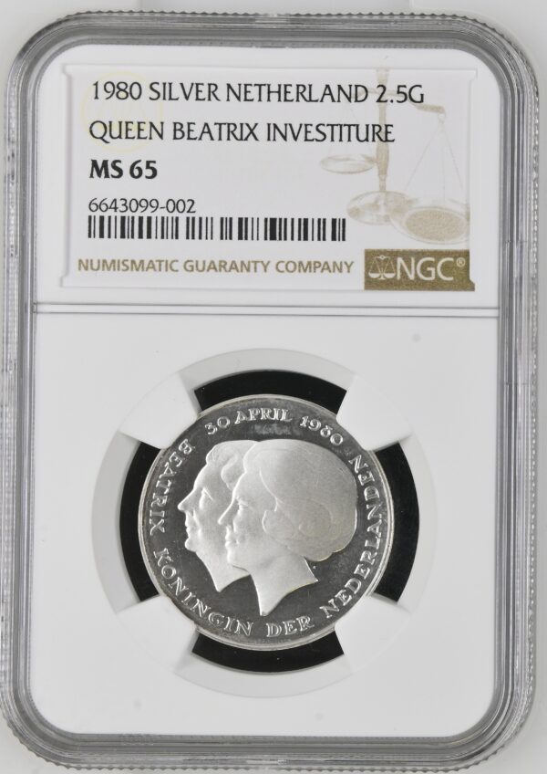 zilveren Rijksdaalder of 2 1/2 gulden 1980 Inhuldiging NGC MS65 Proof Dubbele Kop Rijksdaalder