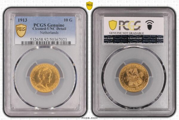 10 gulden 1913 UNC details PCGS