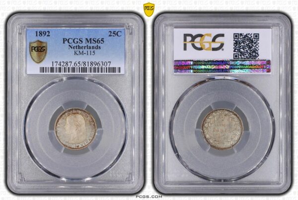 25 cent 1892 Wilhelmina MS65 PCGS