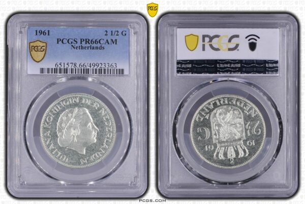 Zilveren 2 1/2 gulden 1961 Proof Pr66CAM PCGS variant zonder lijnen zeldzaam