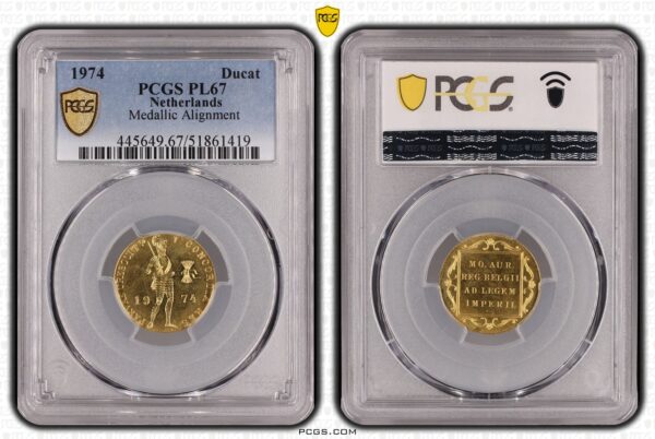 Gouden Enkele Dukaat 1974 Medaille slag PL67 PCGS (Pop 4/1)